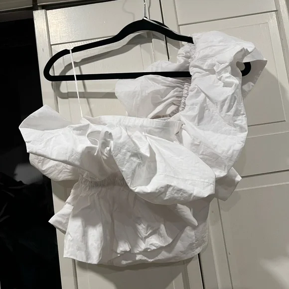 Zara one shoulder ruffle Poplin‎ top size small NWT - Picture 7 of 13